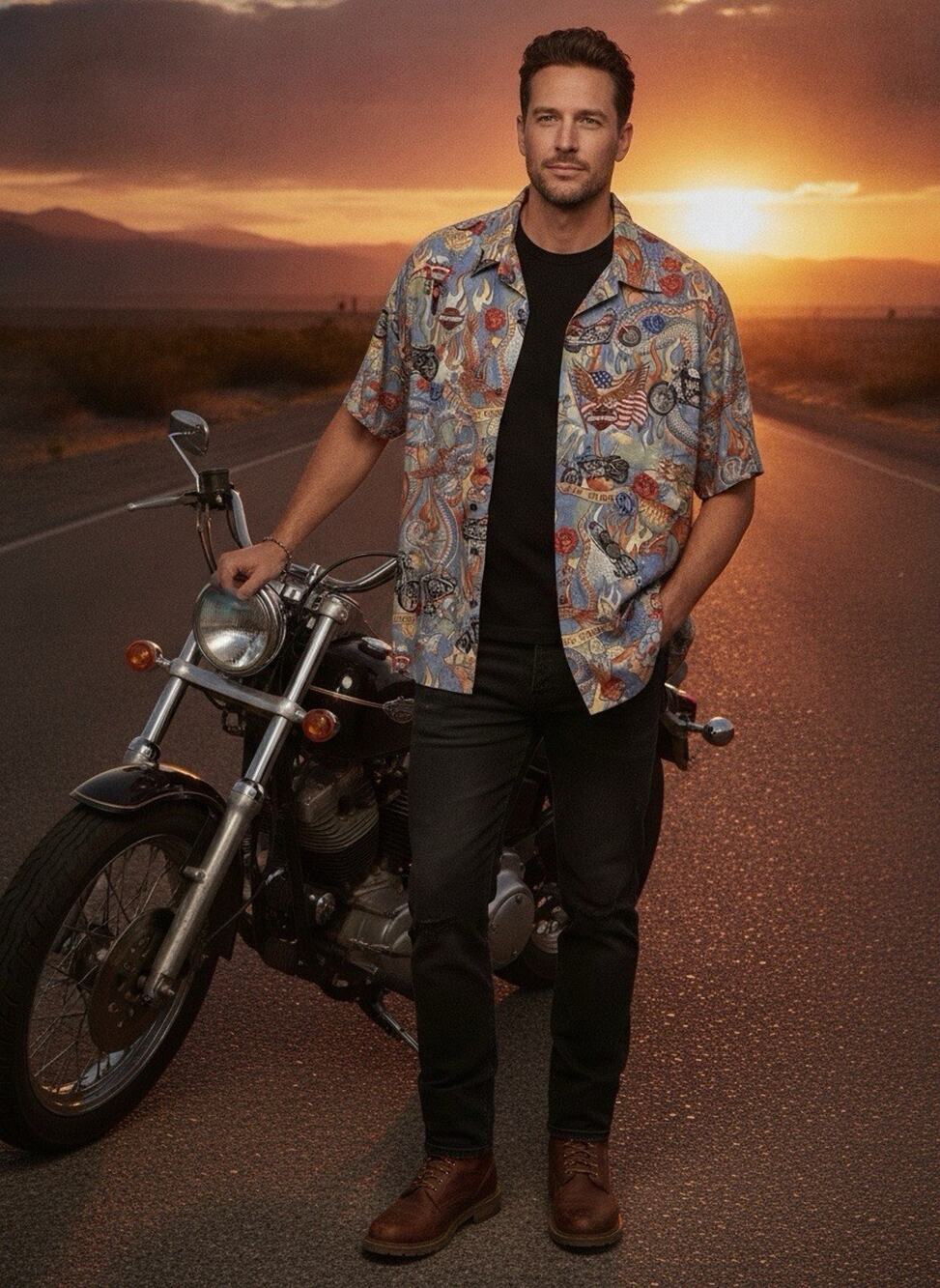 Harley Davidson 3XL Hawaiian Shirt Made Hawaii Motorcycle Eagle Dragon AOP